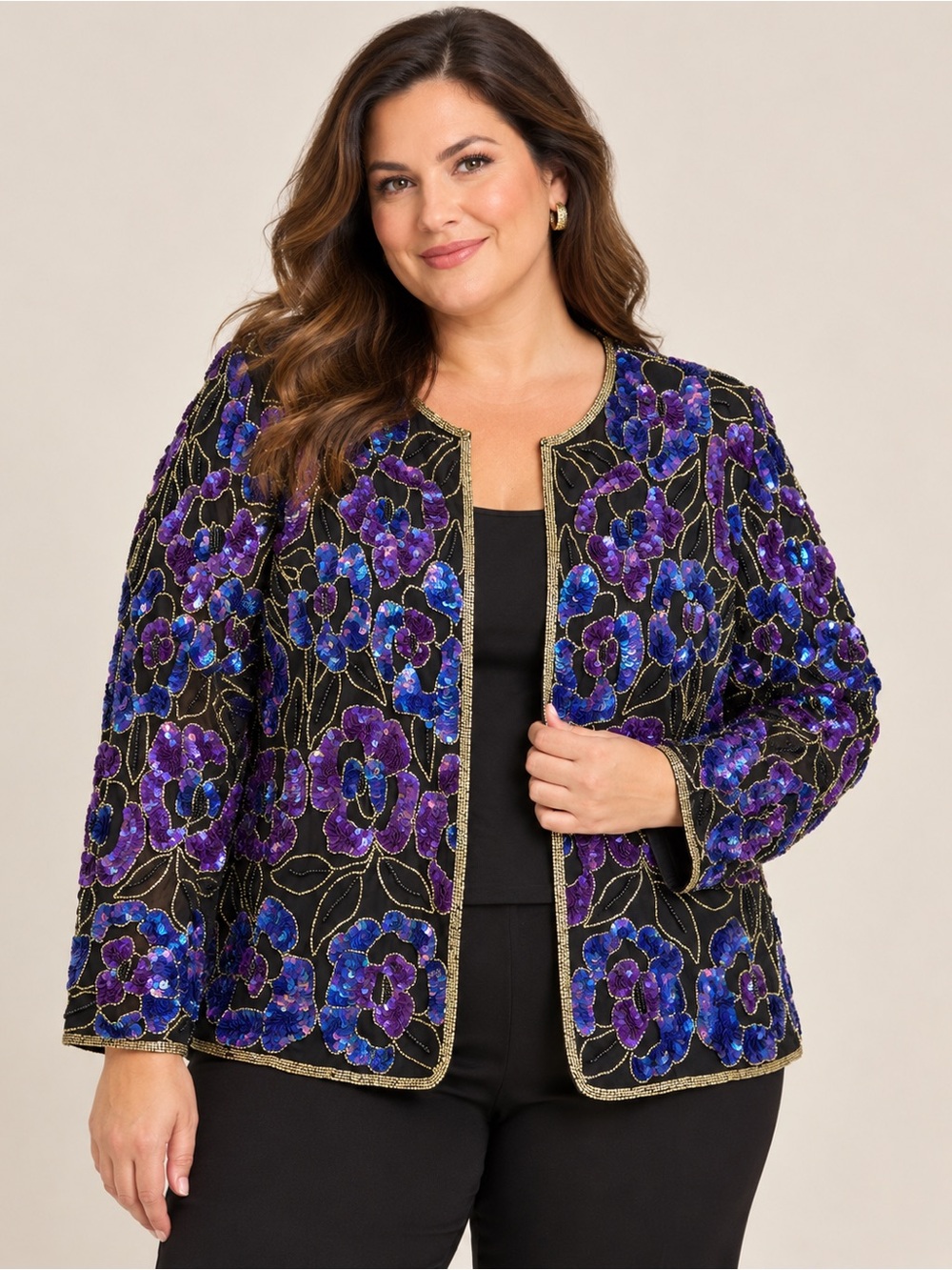 Papell Boutique Black Jacket with Purple and Blue Sequin Floral Embroidery
